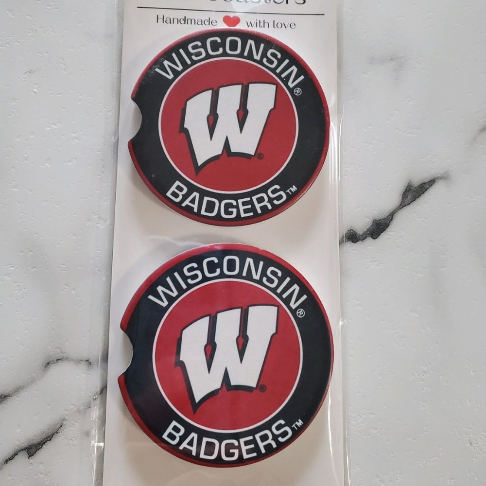 Wisconsin Badgers Set Of 2 Ceramic Car Coasters